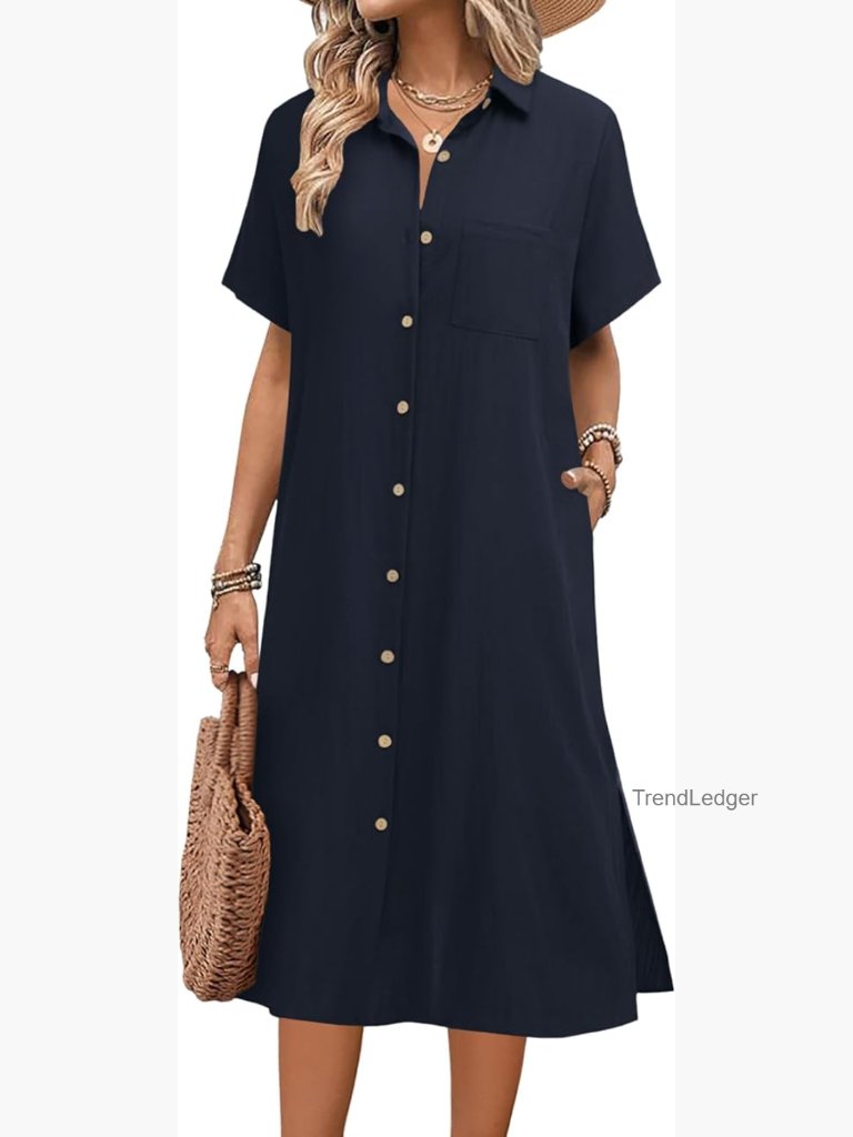 Midi Button Down Shirt Dress With Pockets Summer Casual Loose
